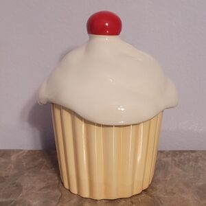 Ceramic Cupcake Cookie Jar with Red and Cream Accents
